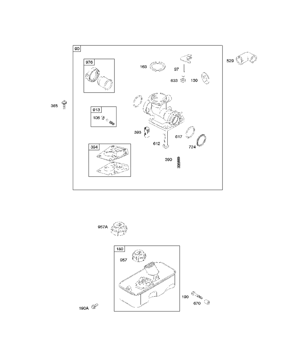 Carburetor, Fuel Supply Diagram and Parts List for 9D902-2083-XX  Briggs and Stratton Engine